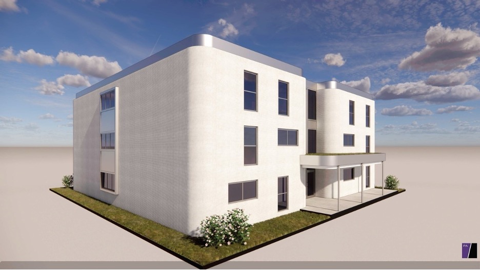Frontal side view of computer generated architectural drawing of a 3D printed building