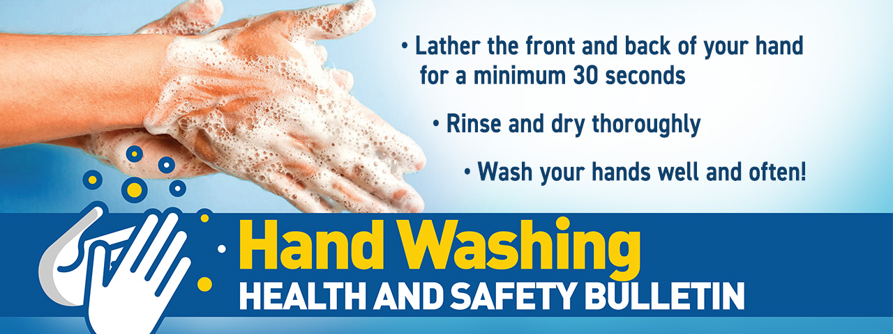 Hand with soap lather, with text summarizing hand washing techniques.