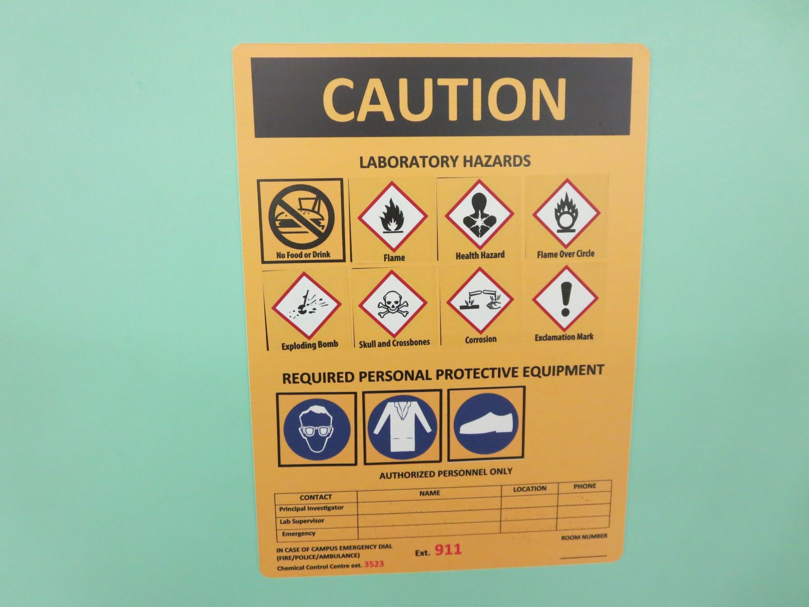 Laboratory Door Hazard Caution Placard