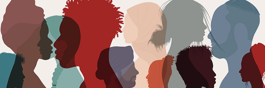 Graphic of side profile silhouettes of people of different sizes and cultures