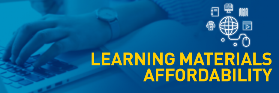 Hands on a keyboard with "Learning Materials Affordability" text in gold and white icons denoting learning, technology, and connectivity