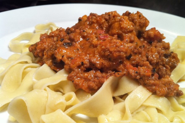 Bolognese sauce on tagliatelle