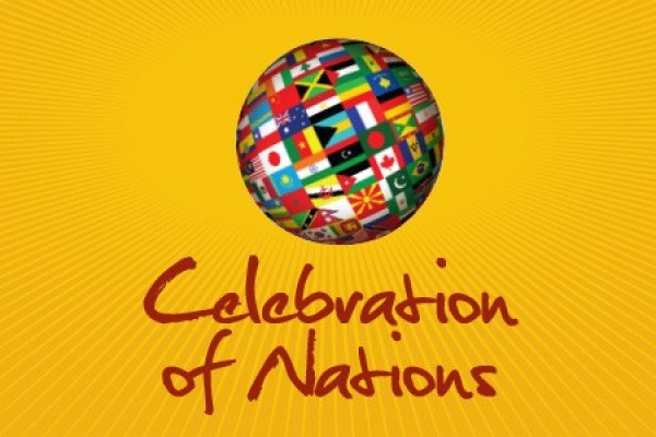 Celebration of Nations logo -- globe covered in flags