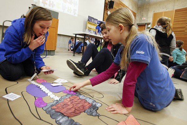 Girl Guides assembling model of human body 