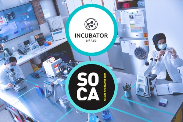 Photo of lab with overlay of Incubator Lab and SoCA logos.