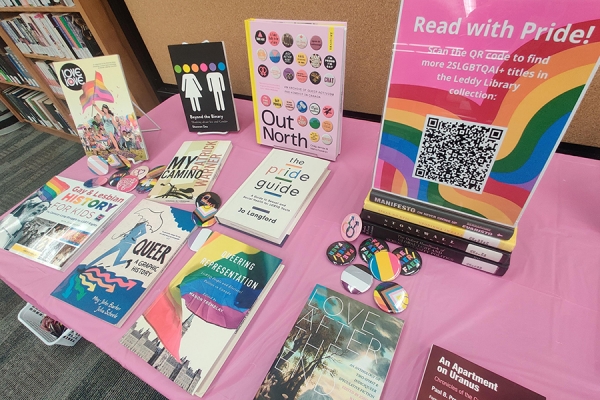 books and buttons on display table