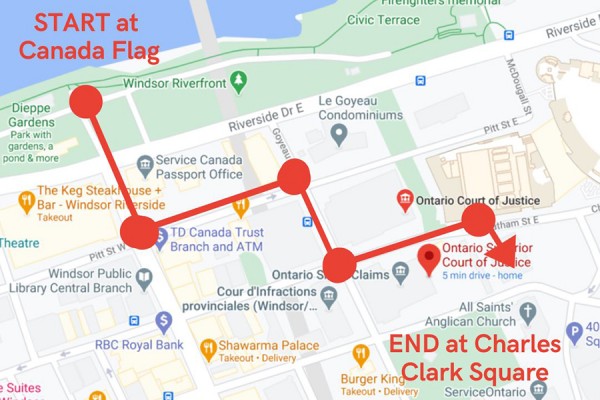 Map showing procession route through downtown Windsor