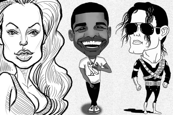 caricatures of actor Angelina Jolie, musicians Drake and Michael Jackson