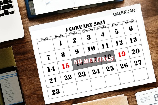 Calendar indicating three days marked &quot;no meetings&quot;