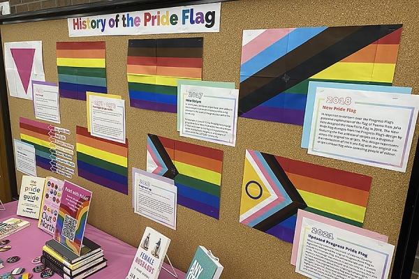 display showing different versions of Pride flags