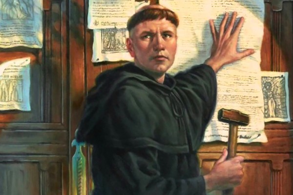 painting of Martin Luther &quot;nailing&quot; theses to church door