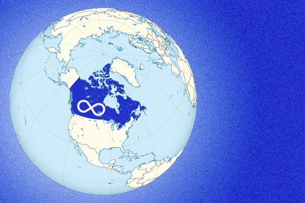 globe showing Canada highlighted with Métis flag