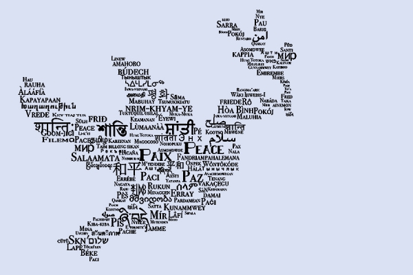 words meaning peace in different languages shaped into form of dove