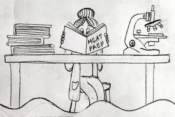 drawing of student in lab reading book of MCAT prep