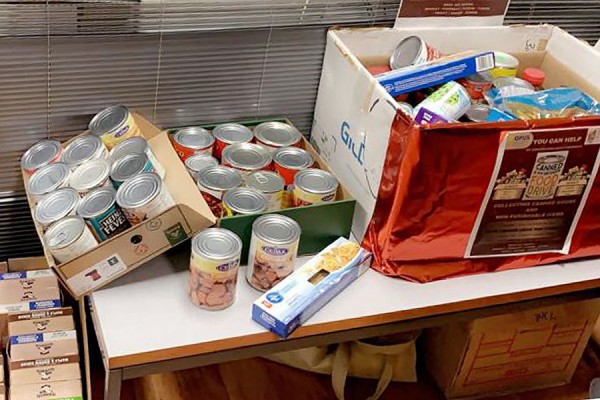 boxes of canned foods in the OPUS office