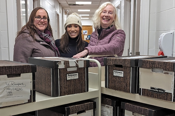 Archivist Sarah Glassford, professor Emmanuelle Richez, and librarian Katharine Ball 