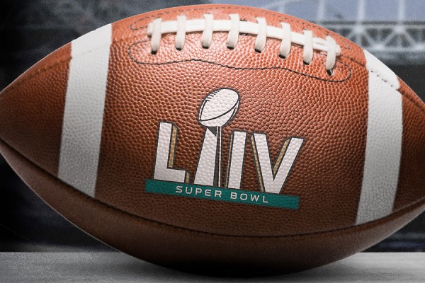 Football inscribed Super Bowl LIV