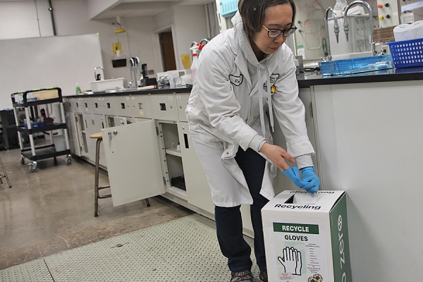 Una Lee placing rubber gloves in collection box