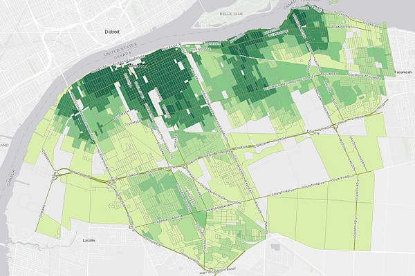 map of Windsor highlighting areas in varying shades of green