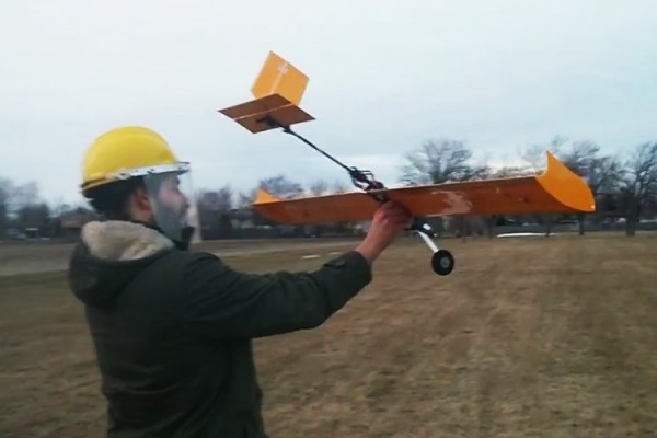 Mitchell Campbell, mechanical engineering student, launching UWindsor’s aircraft at the SAE Aero Design West Collegiate Competition. 