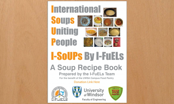 A poster promotes the soup recipe book by the I-FuELS team.