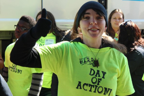 student wearing &quot;Day of Action&quot; T-shirt