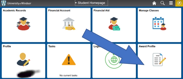 screen from UWinsite Student indicating location of award profile