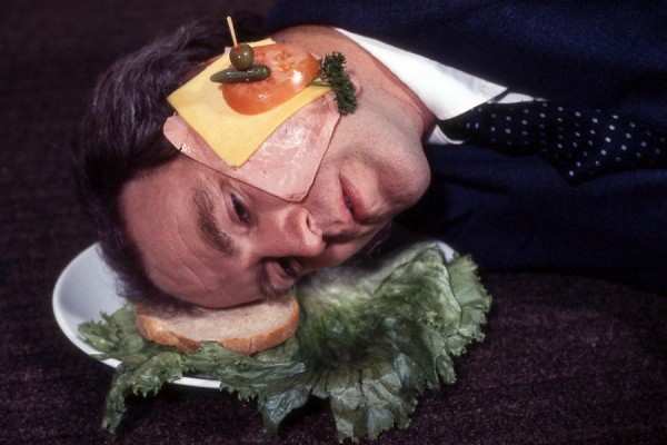 Image of the 1978 conceptual piece “Iain Baxter as an open faced sandwich.”
