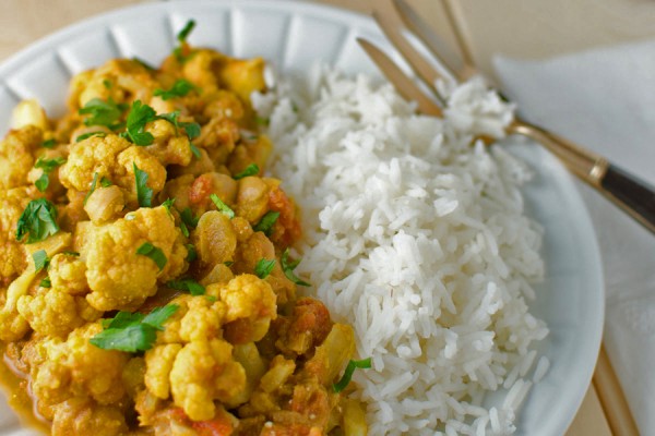 Chickpea and cauliflower curry on rice