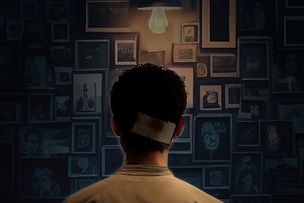 poster image Depraved Mind man gazing at wall of photographs