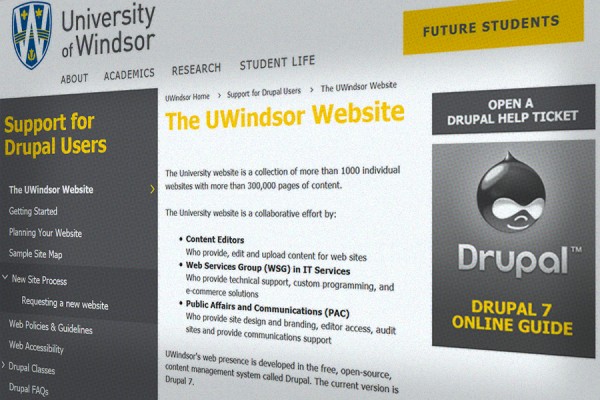 computer screen displaying UWindsor Drupal website