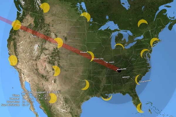 map showing path of eclipse across North America