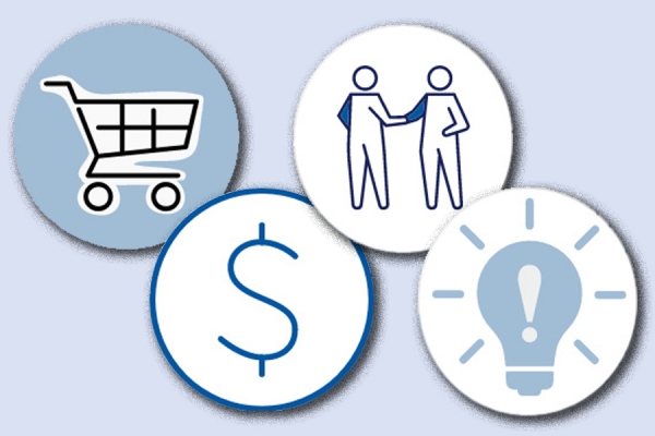 graphic element icons indicating stages of e-commerce, from shopping cart to checkout