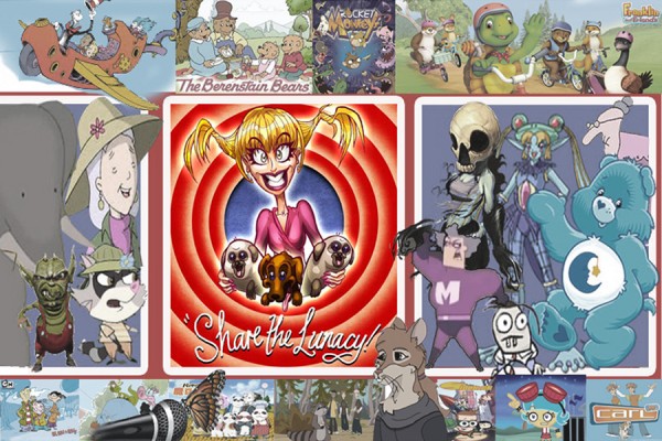 caricature of Elley-Ray Hennessy surrounded by cartoon characters she has voiced