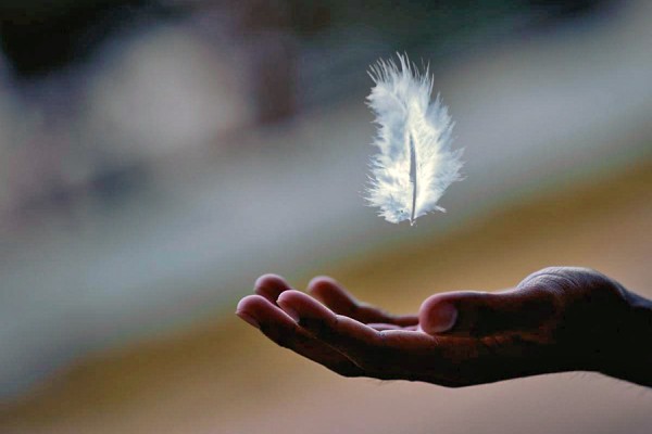 feather floating down toward outstrecthed hand