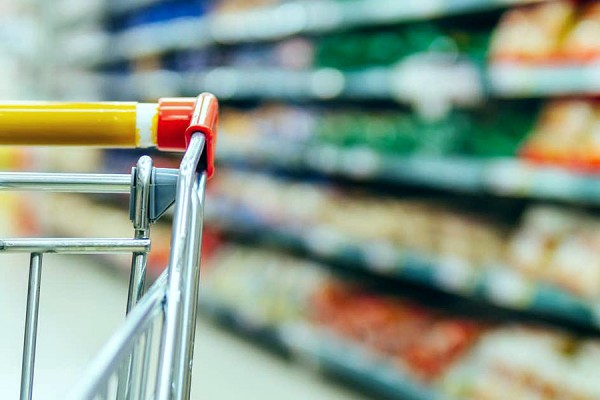 grocery cart and shelves