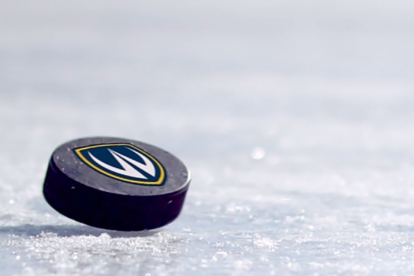 Hockey puck bearing Lancer logo.