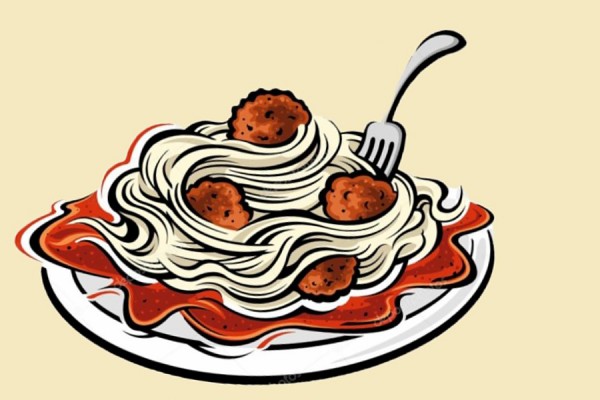 cartoon plate of spaghetti and meatballs