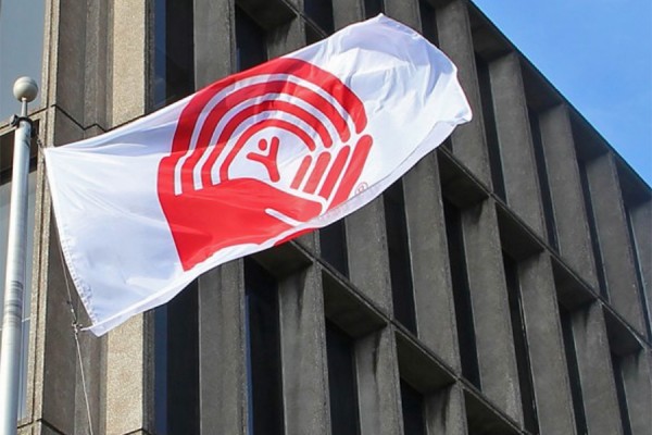 United Way flag flapping outside Chrysler Hall Tower