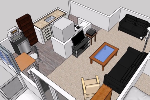 computer-generated rendering of student apartment 