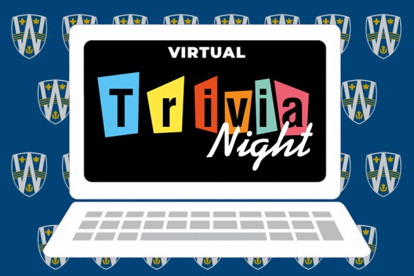 laptop screen reading &quot;Virtual Trivia Night&quot;