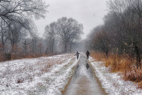 two people walking in snowy wood