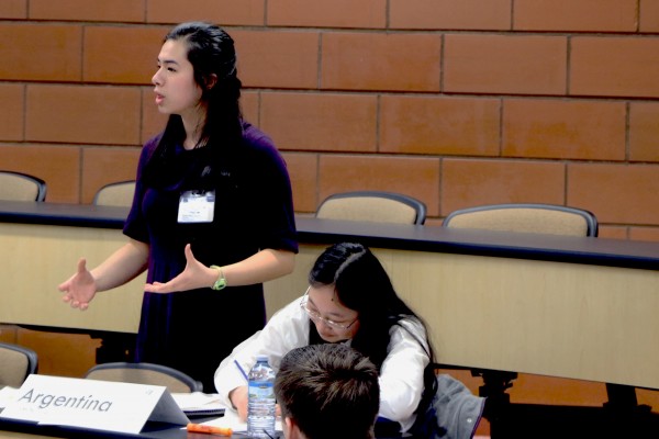 Students engaged in debates on global issues during a model UN conference organized by the University of Windsor Model United Nations Club (WINMUN) and the Political Science department.
