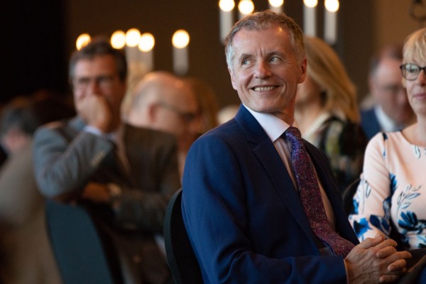 University of Windsor President Dr. Alan Wildeman listens to speakers during his farewell dinner at the St. Clair Centre for the Arts on Tuesday, May 8, 2018. Wildeman will be retiring on June 30, 2018.