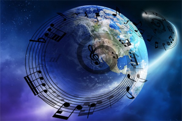 Earth surrounded by musical notes