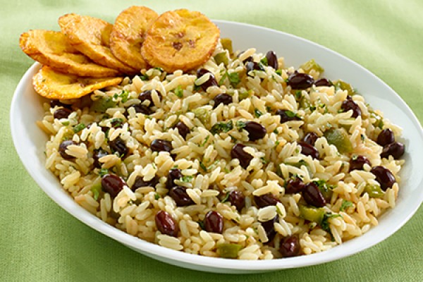 platter of rice and beans with fried plantains