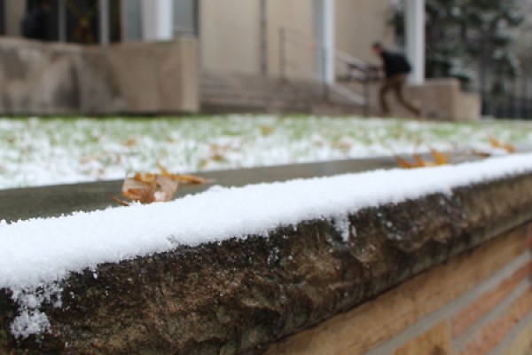 A light dusting outside Essex Hall constitutes the first snowfall of winter 2014/15.