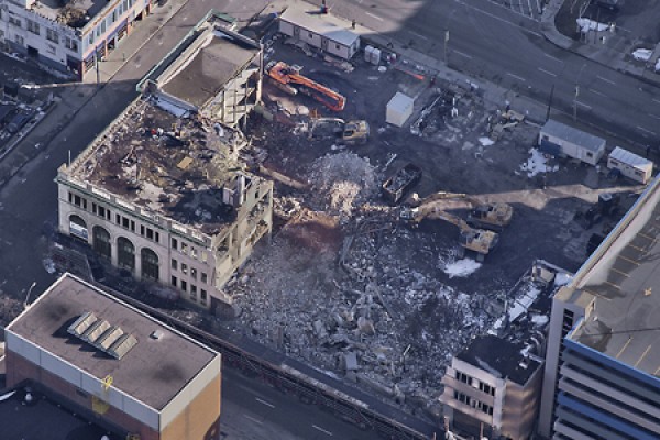 aerial photo of Windsor Star in mid-demolition