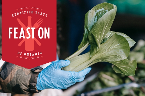 Feast On logo superimposed on hand holding bok choy