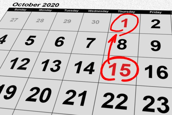 Calendar indicating date move from 15th to 1st